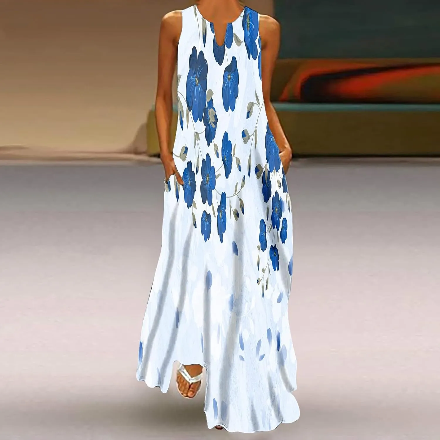 Womens Sleeveless Trendy Sundress Flower Pattern Print Maxi Dress Loose Fit Casual Vintage Summer Dresses