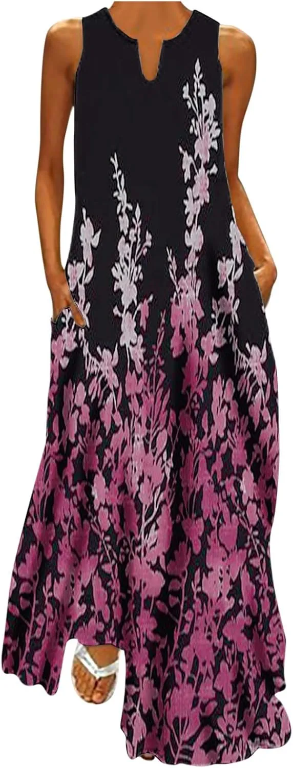 Womens Sleeveless Trendy Sundress Flower Pattern Print Maxi Dress Loose Fit Casual Vintage Summer Dresses