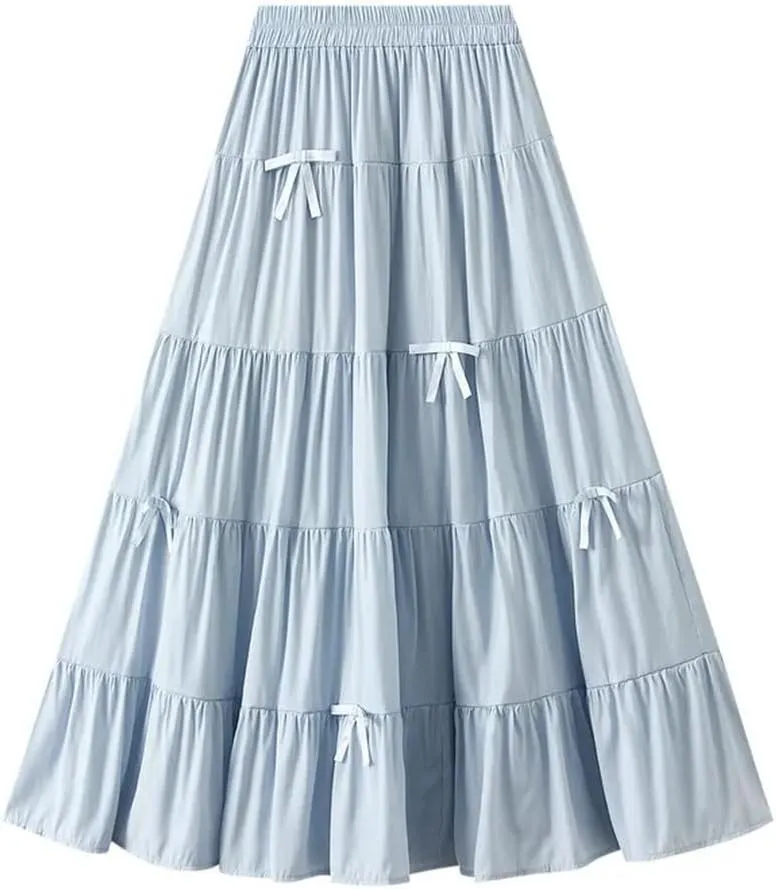 Women's Spring Fall Bow Tie High Waist A-Line Casual Long Skirt Korean Style Fashion Solid Color Cake Skirts