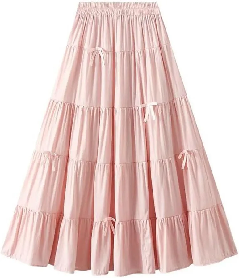 Women's Spring Fall Bow Tie High Waist A-Line Casual Long Skirt Korean Style Fashion Solid Color Cake Skirts