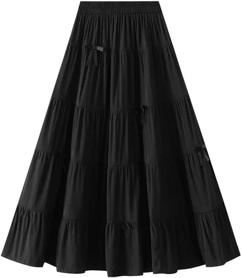 Women's Spring Fall Bow Tie High Waist A-Line Casual Long Skirt Korean Style Fashion Solid Color Cake Skirts