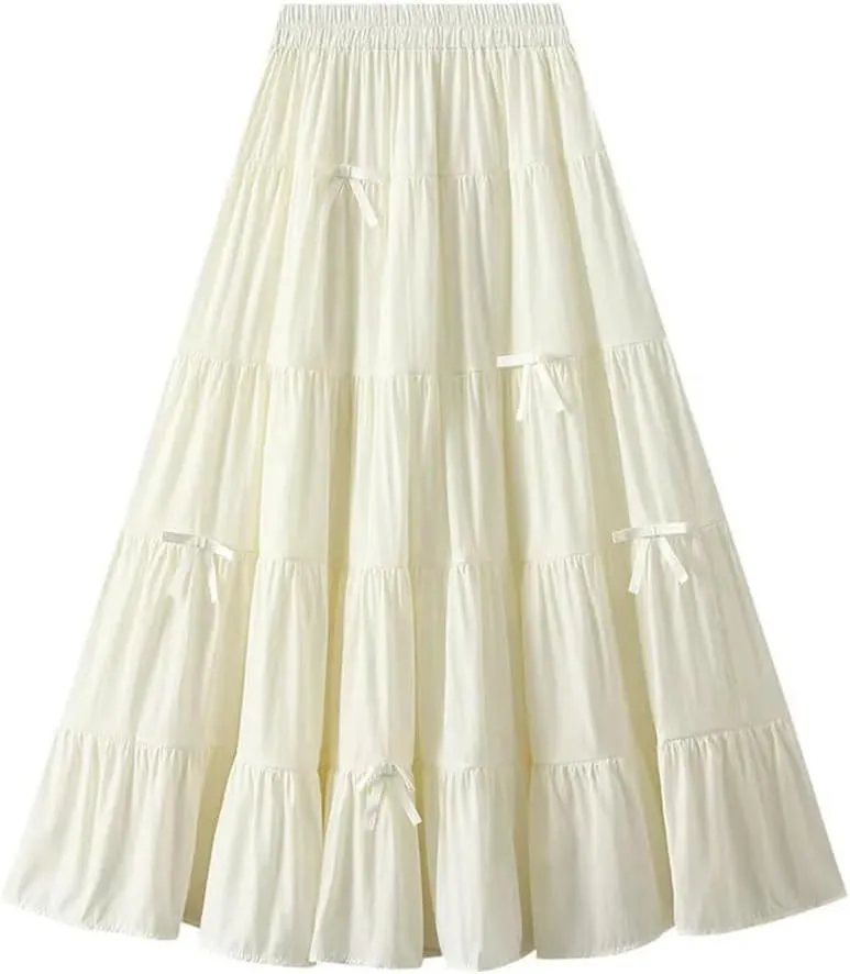 Women's Spring Fall Bow Tie High Waist A-Line Casual Long Skirt Korean Style Fashion Solid Color Cake Skirts