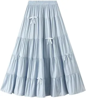 Women's Spring Fall Bow Tie High Waist A-Line Casual Long Skirt Korean Style Fashion Solid Color Cake Skirts