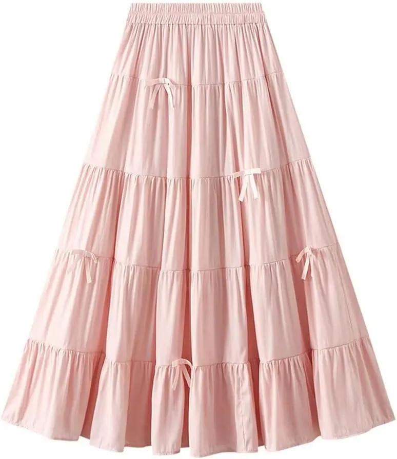 Women's Spring Fall Bow Tie High Waist A-Line Casual Long Skirt Korean Style Fashion Solid Color Cake Skirts
