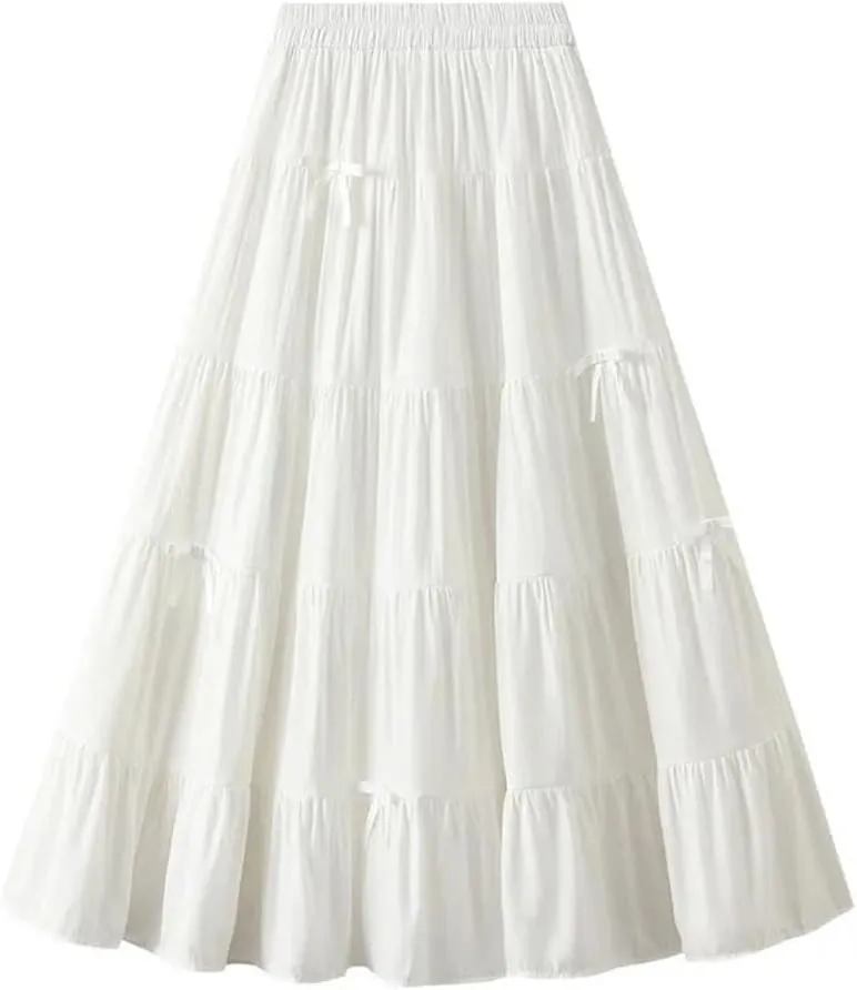 Women's Spring Fall Bow Tie High Waist A-Line Casual Long Skirt Korean Style Fashion Solid Color Cake Skirts