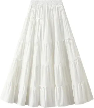 Women's Spring Fall Bow Tie High Waist A-Line Casual Long Skirt Korean Style Fashion Solid Color Cake Skirts