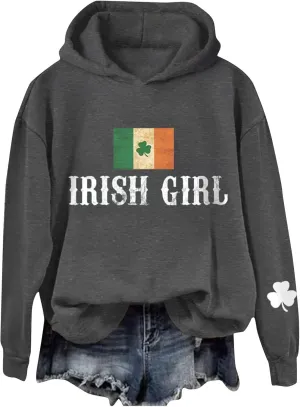 Womens St Patrick's Day Hoodies Shamrock Lucky Hooded Pullover Irish Four Leaf Clover Festival Long Sleeve Sweatshirt