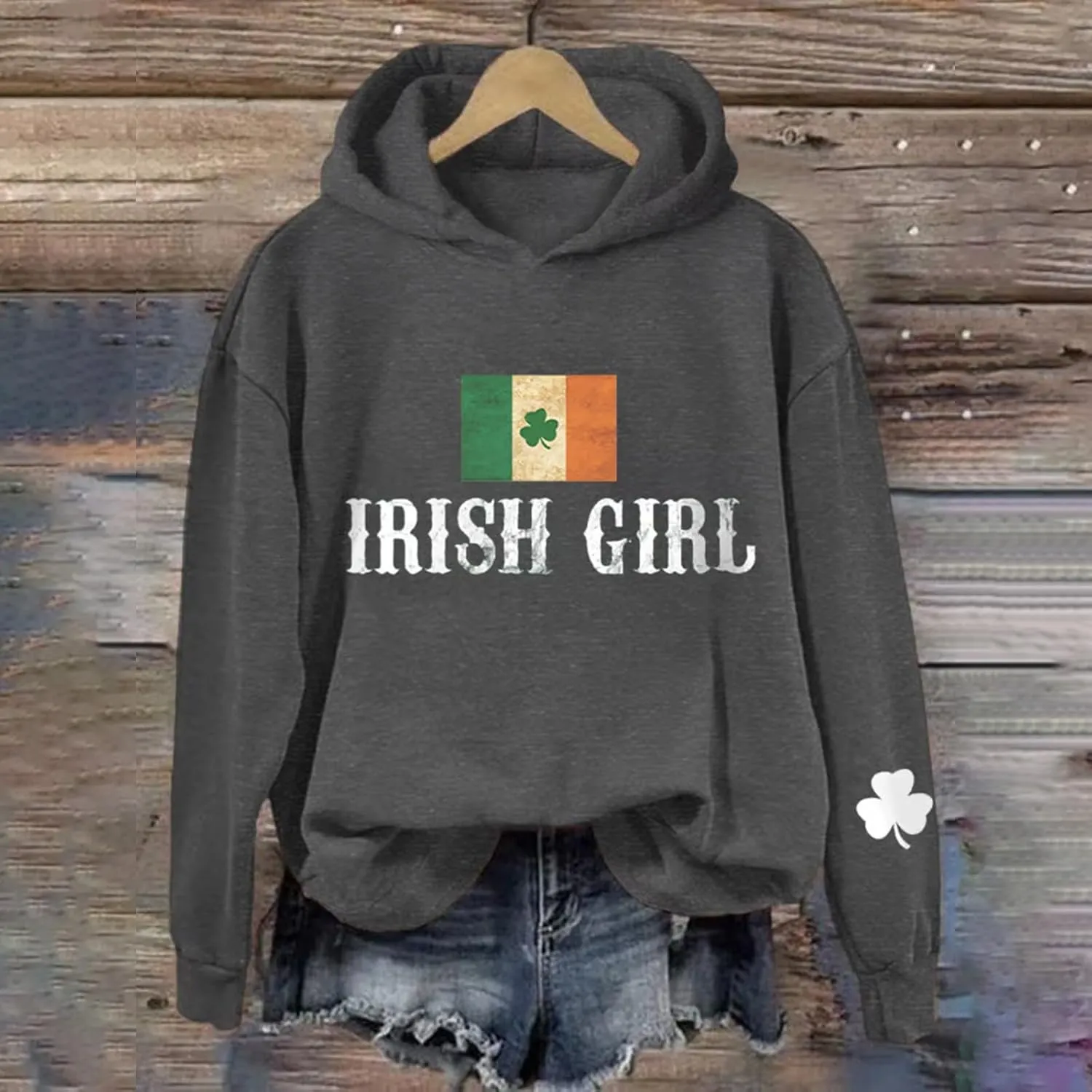 Womens St Patrick's Day Hoodies Shamrock Lucky Hooded Pullover Irish Four Leaf Clover Festival Long Sleeve Sweatshirt