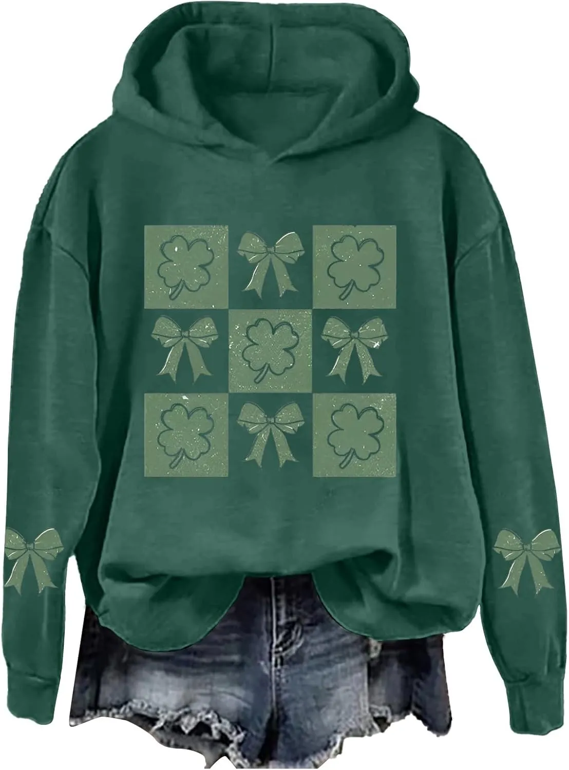 Womens St Patrick's Day Hoodies Shamrock Lucky Hooded Pullover Irish Four Leaf Clover Festival Long Sleeve Sweatshirt