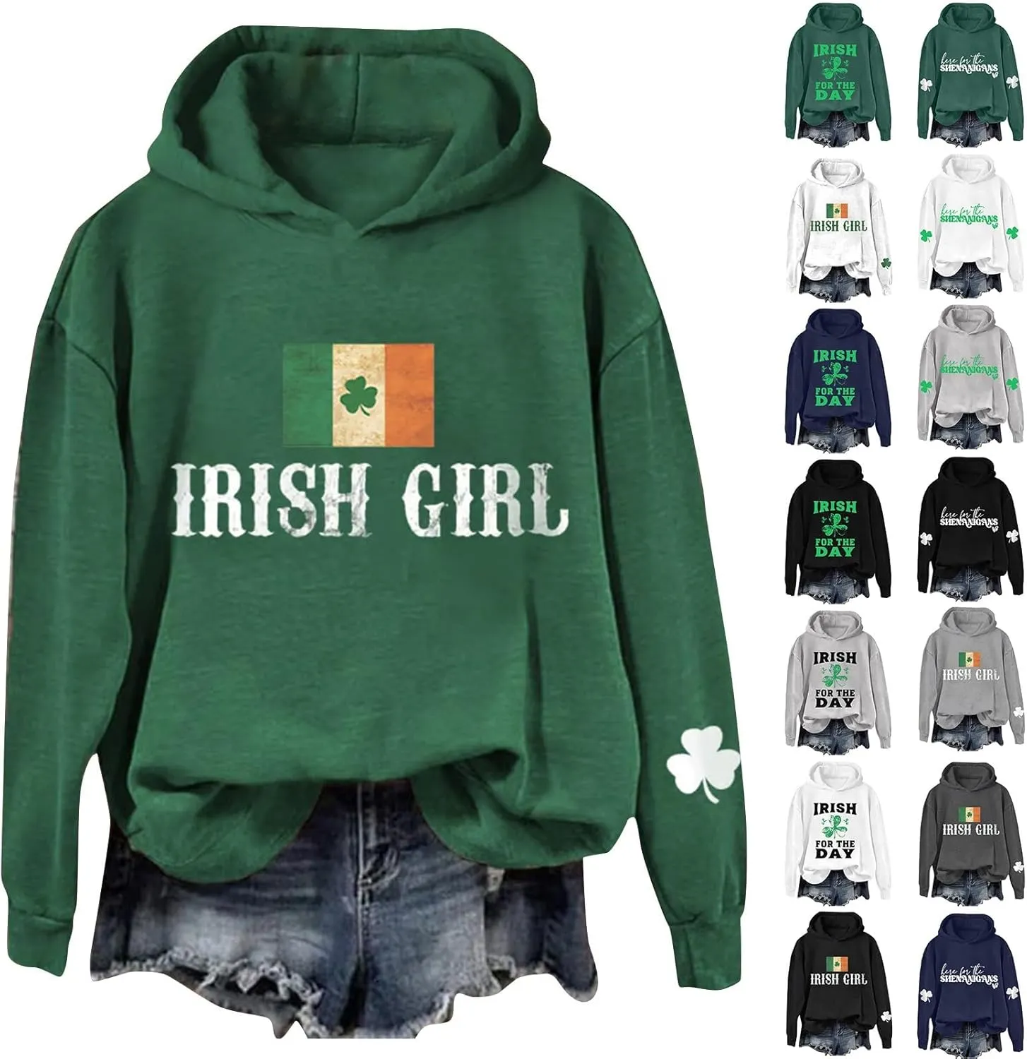 Womens St Patrick's Day Hoodies Shamrock Lucky Hooded Pullover Irish Four Leaf Clover Festival Long Sleeve Sweatshirt