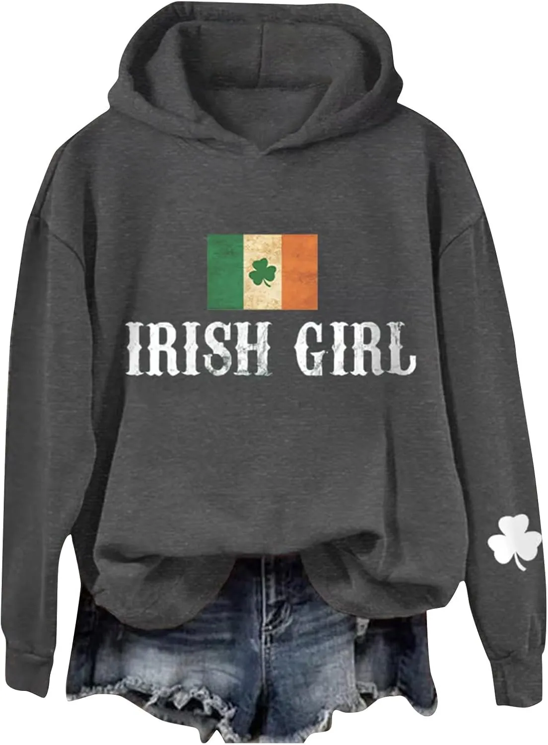 Womens St Patrick's Day Hoodies Shamrock Lucky Hooded Pullover Irish Four Leaf Clover Festival Long Sleeve Sweatshirt