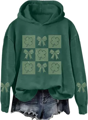 Womens St Patrick's Day Hoodies Shamrock Lucky Hooded Pullover Irish Four Leaf Clover Festival Long Sleeve Sweatshirt
