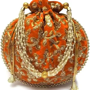 Women's Velvet Embroidered Potli Bag Purse Pouch Drawstring Bag Golden Work Wedding Gift for Women