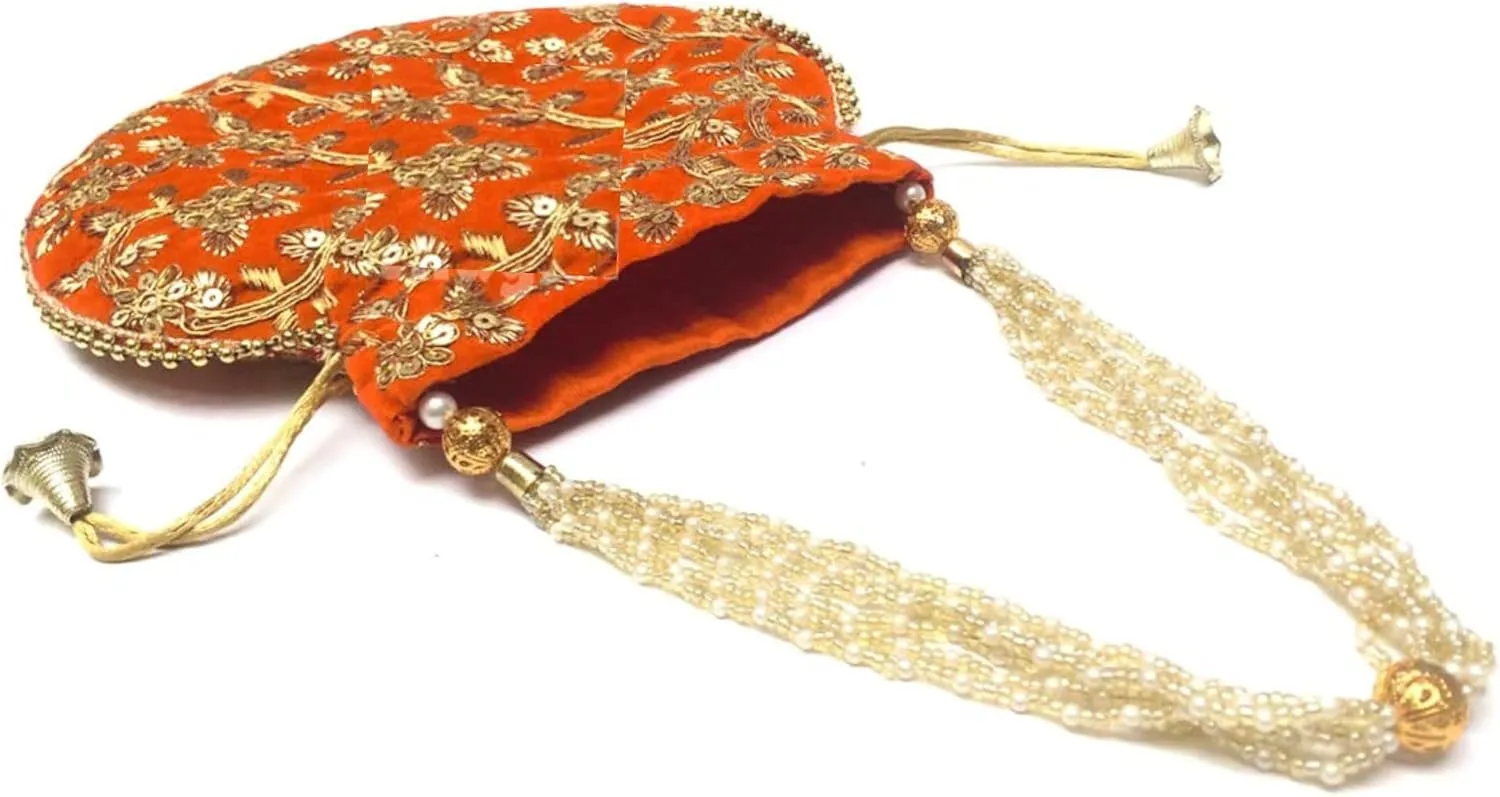 Women's Velvet Embroidered Potli Bag Purse Pouch Drawstring Bag Golden Work Wedding Gift for Women