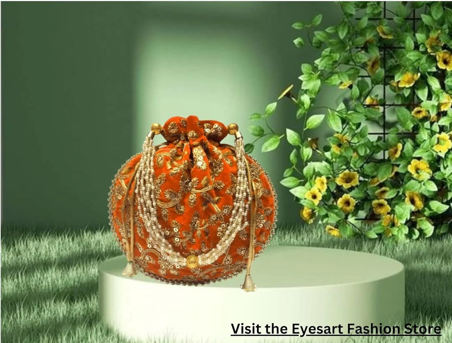 Women's Velvet Embroidered Potli Bag Purse Pouch Drawstring Bag Golden Work Wedding Gift for Women
