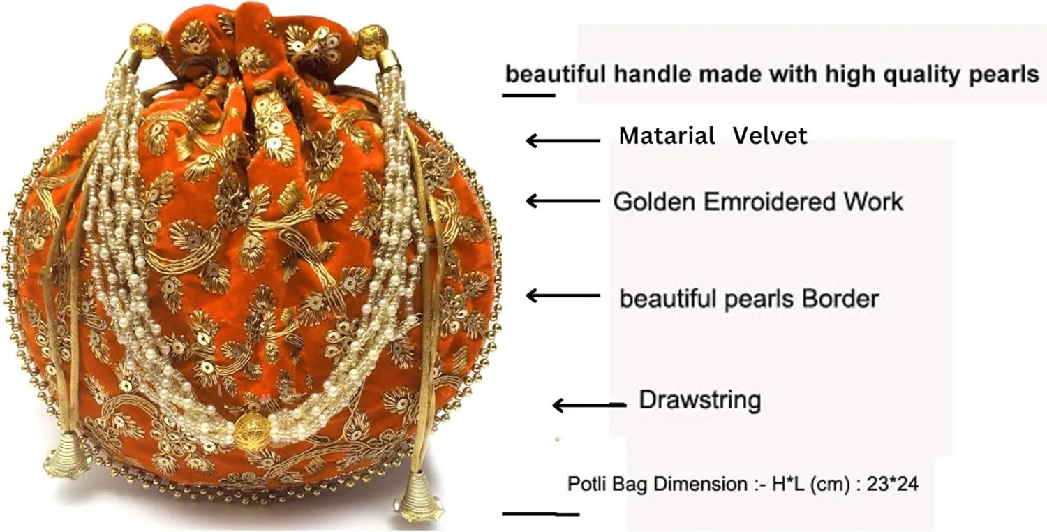 Women's Velvet Embroidered Potli Bag Purse Pouch Drawstring Bag Golden Work Wedding Gift for Women
