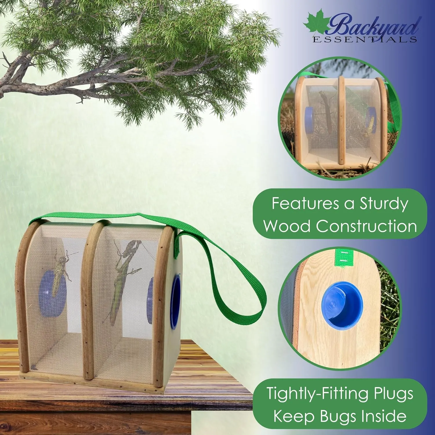 Wooden Bug Box for Kids, Dual Chamber Insect Habitat with Nylon Carrying Strap