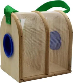 Wooden Bug Box for Kids, Dual Chamber Insect Habitat with Nylon Carrying Strap