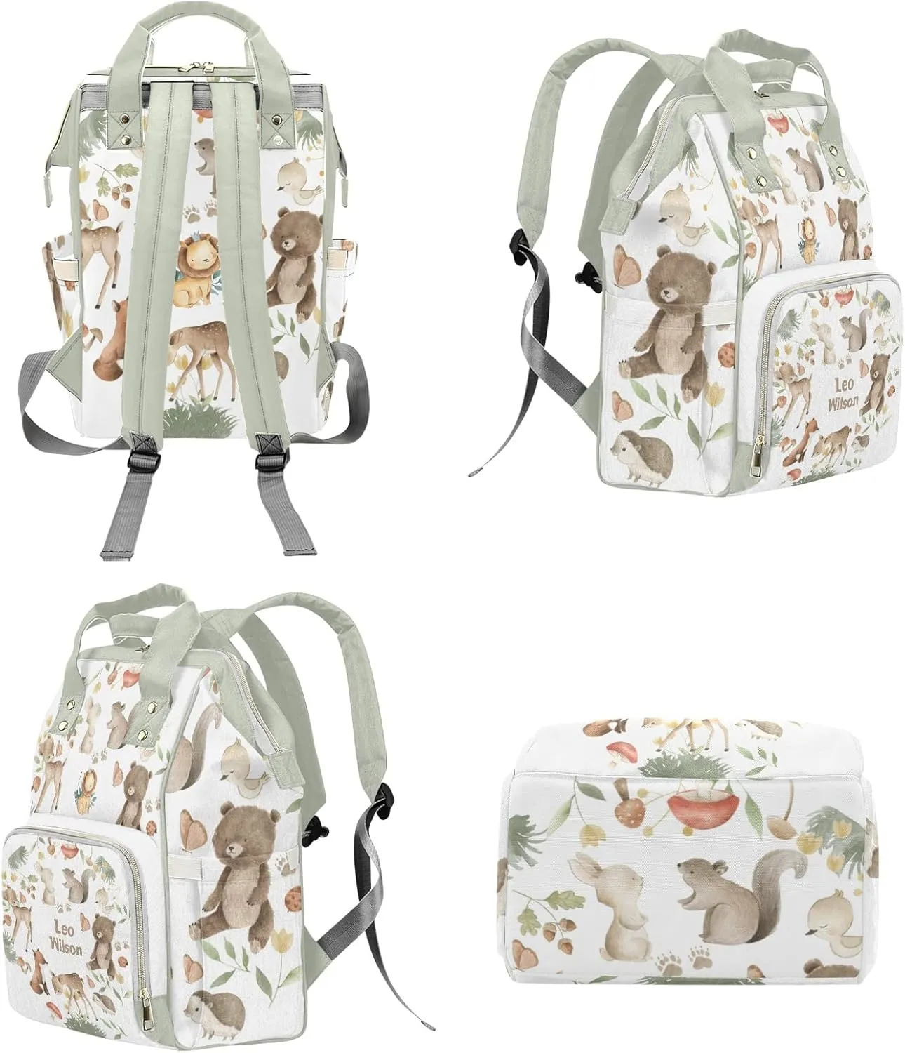 Woodland Bear Fox Deer Animals Safari Personalized Name Diaper Bag Backpack,Custom Travel DayPack for Nappy Mommy Bag Gift