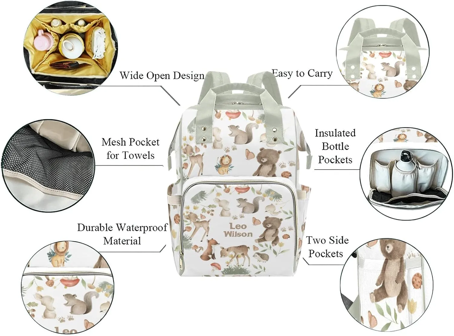 Woodland Bear Fox Deer Animals Safari Personalized Name Diaper Bag Backpack,Custom Travel DayPack for Nappy Mommy Bag Gift