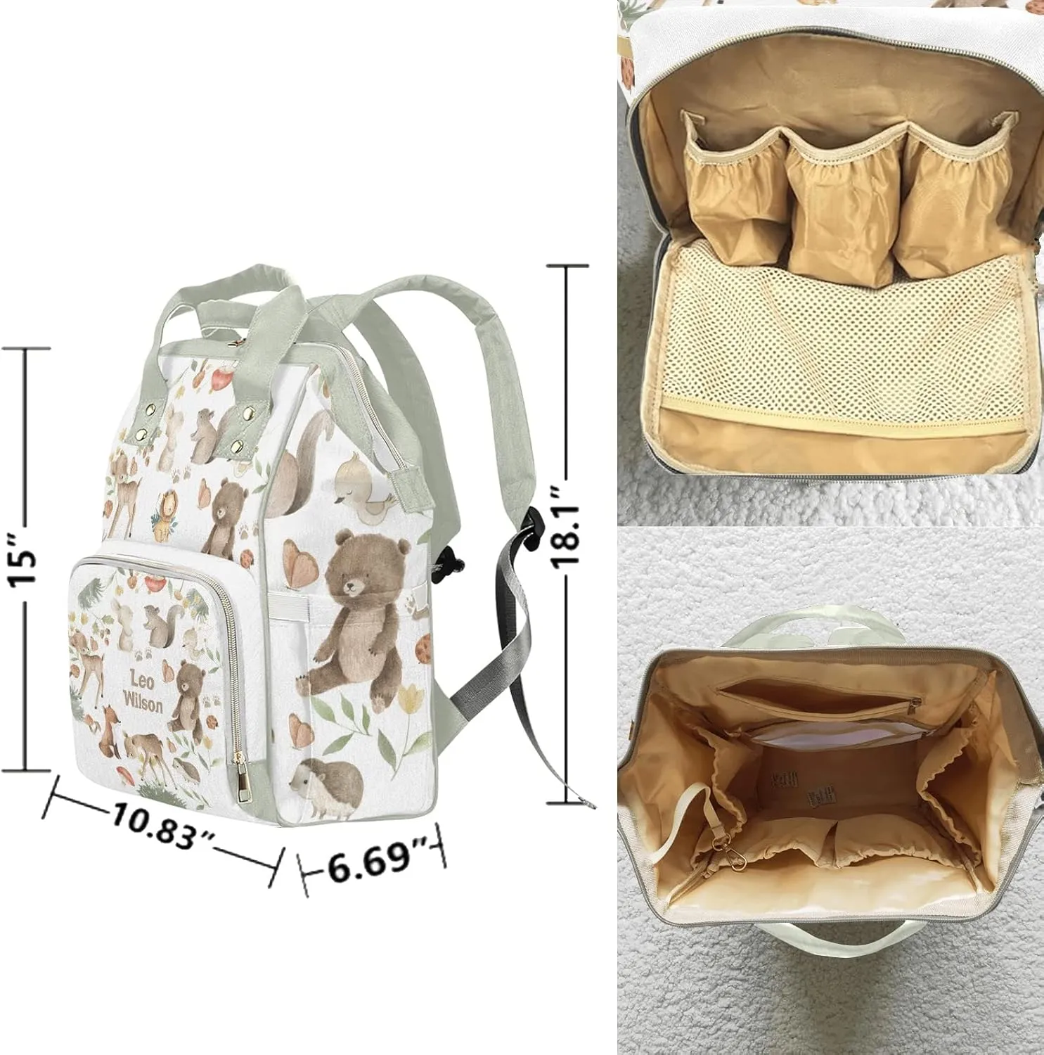 Woodland Bear Fox Deer Animals Safari Personalized Name Diaper Bag Backpack,Custom Travel DayPack for Nappy Mommy Bag Gift