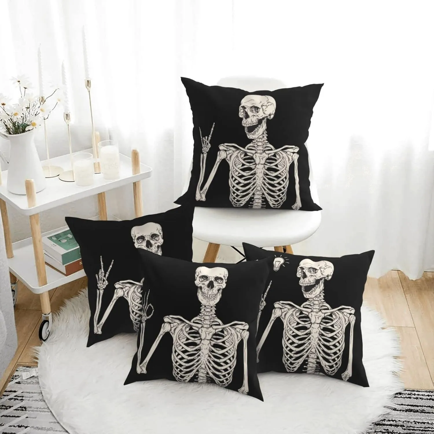 Worltoldb Human Skeleton Skull Throw Pillow Covers Set of 4 Decorative Fall Soft Linen Fabric Square Boho Cushion Case for Room Bedroom Sofa Car 18x18 Halloween