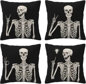 Worltoldb Human Skeleton Skull Throw Pillow Covers Set of 4 Decorative Fall Soft Linen Fabric Square Boho Cushion Case for Room Bedroom Sofa Car 18x18 Halloween