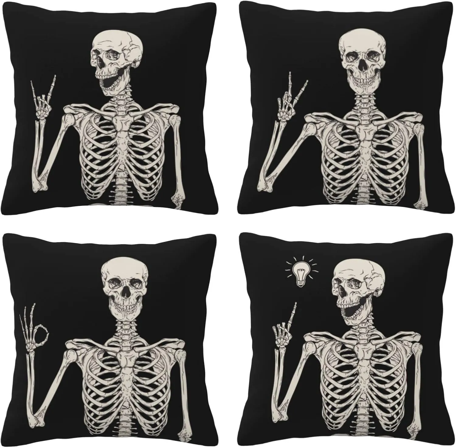 Worltoldb Human Skeleton Skull Throw Pillow Covers Set of 4 Decorative Fall Soft Linen Fabric Square Boho Cushion Case for Room Bedroom Sofa Car 18x18 Halloween