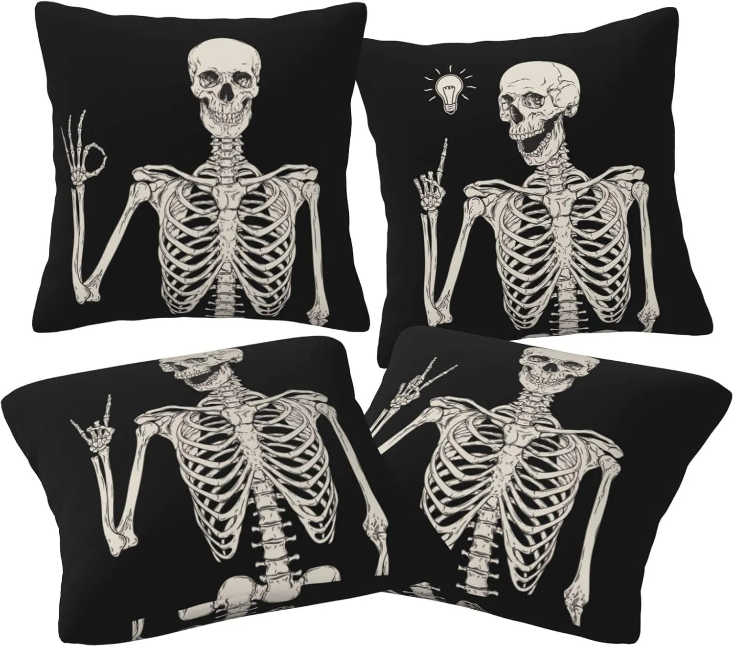 Worltoldb Human Skeleton Skull Throw Pillow Covers Set of 4 Decorative Fall Soft Linen Fabric Square Boho Cushion Case for Room Bedroom Sofa Car 18x18 Halloween