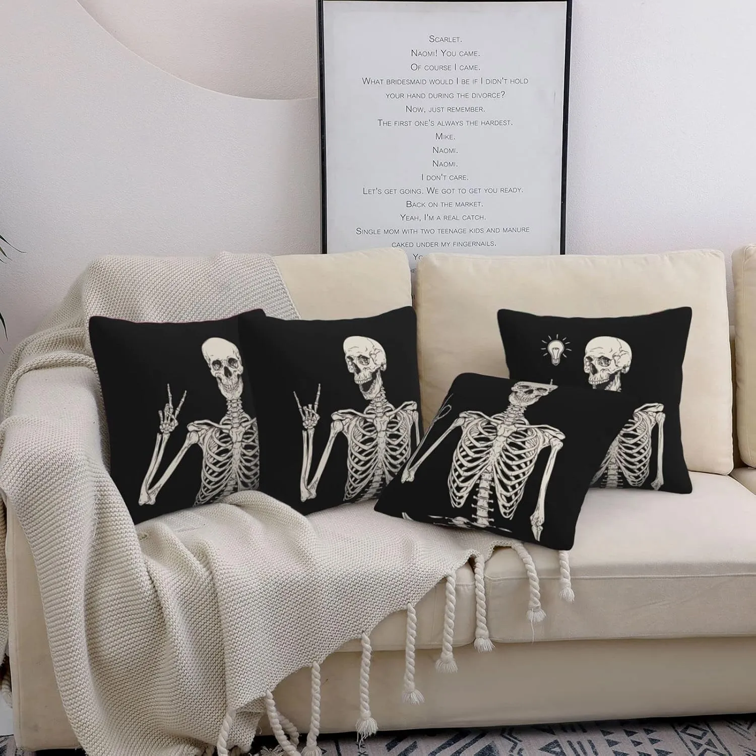 Worltoldb Human Skeleton Skull Throw Pillow Covers Set of 4 Decorative Fall Soft Linen Fabric Square Boho Cushion Case for Room Bedroom Sofa Car 18x18 Halloween