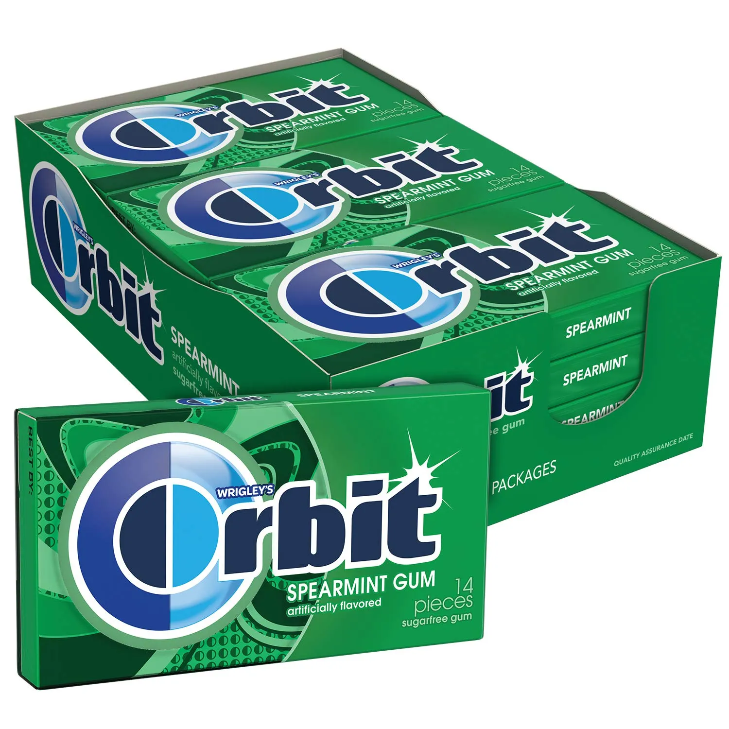 WRIGLEY'S ORBIT Chewing Gum Sugar-Free Spearmint - 12 Packs, 14 Pieces Each - Sugar-Free Gum, 168 Total Pieces Bulk Box