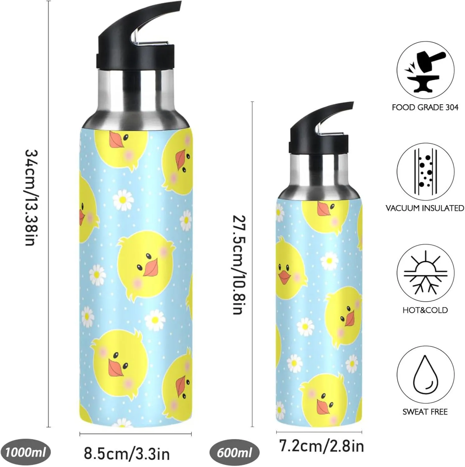 Wusikd Ducks Water Bottle with Straw Lid Double Wall Yellow Thermos Bottle Vacuum Insulated Flask Stainless Steel Water Bottle for Gym Outdoor 35 OZ
