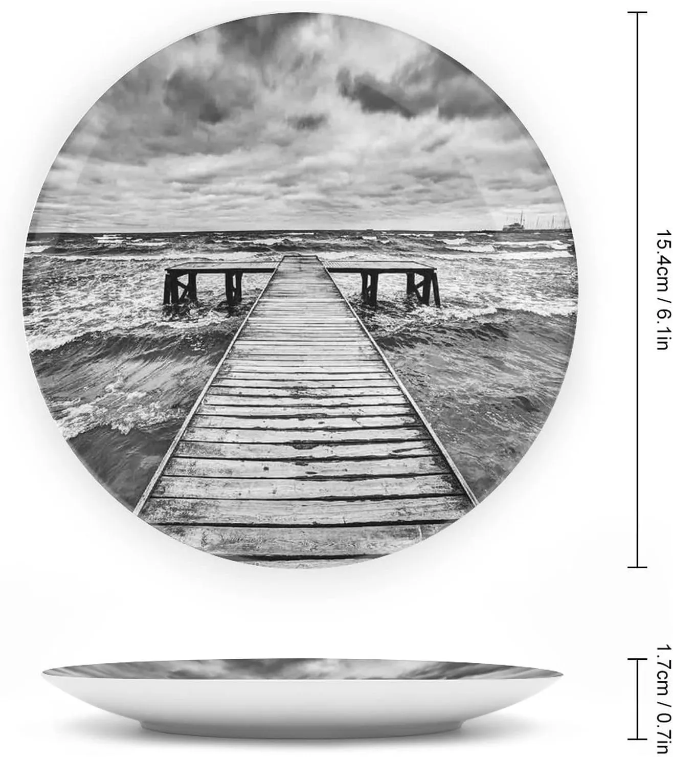 XISUNYA 6 Inch Decorative Plate, Art Ceramic Plate, Old Wooden Deck with Waves in Sea Dark Heavy Clouds Print Ceramic Wall Hanging for Home & Office Wall Hanging Decor, Black White