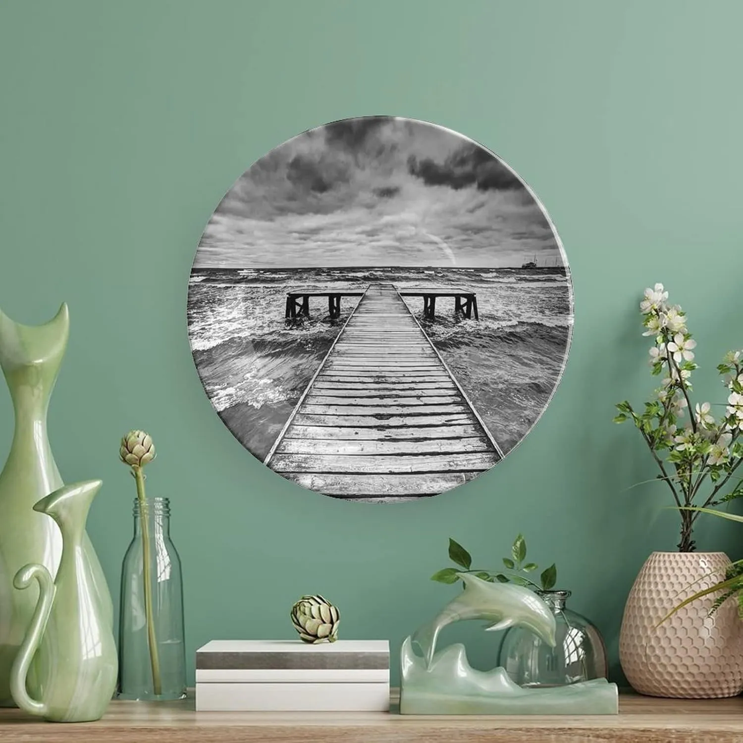 XISUNYA 6 Inch Decorative Plate, Art Ceramic Plate, Old Wooden Deck with Waves in Sea Dark Heavy Clouds Print Ceramic Wall Hanging for Home & Office Wall Hanging Decor, Black White