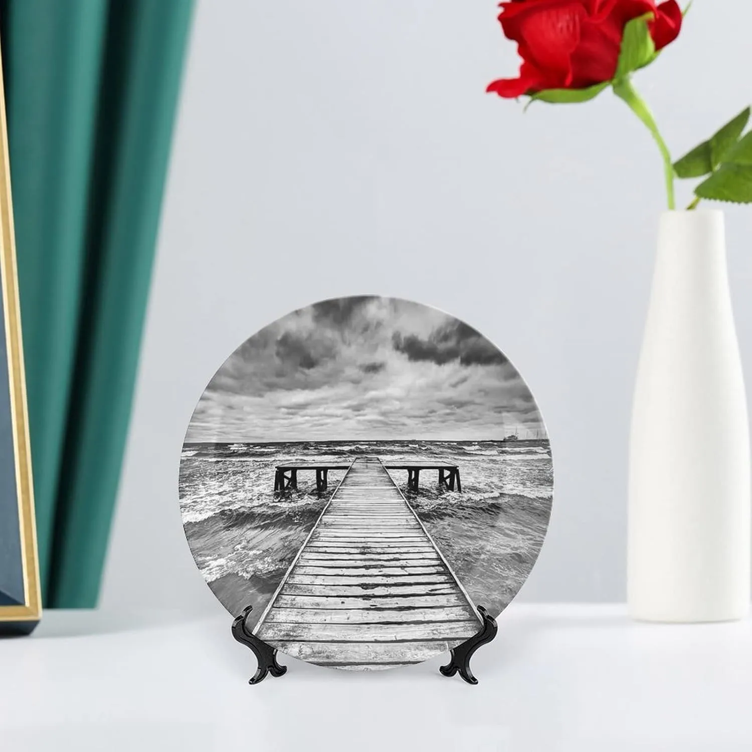 XISUNYA 6 Inch Decorative Plate, Art Ceramic Plate, Old Wooden Deck with Waves in Sea Dark Heavy Clouds Print Ceramic Wall Hanging for Home & Office Wall Hanging Decor, Black White