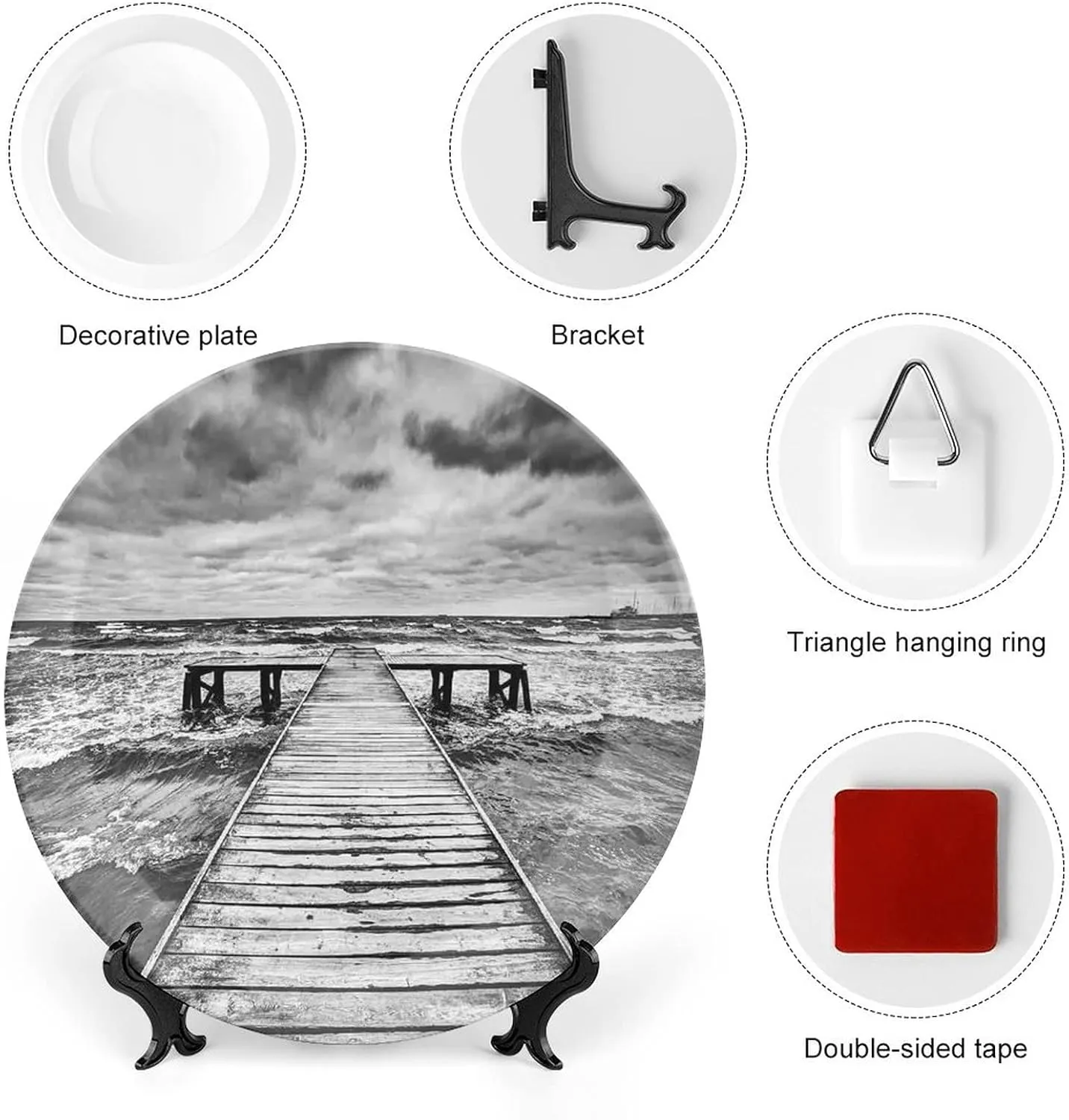 XISUNYA 6 Inch Decorative Plate, Art Ceramic Plate, Old Wooden Deck with Waves in Sea Dark Heavy Clouds Print Ceramic Wall Hanging for Home & Office Wall Hanging Decor, Black White