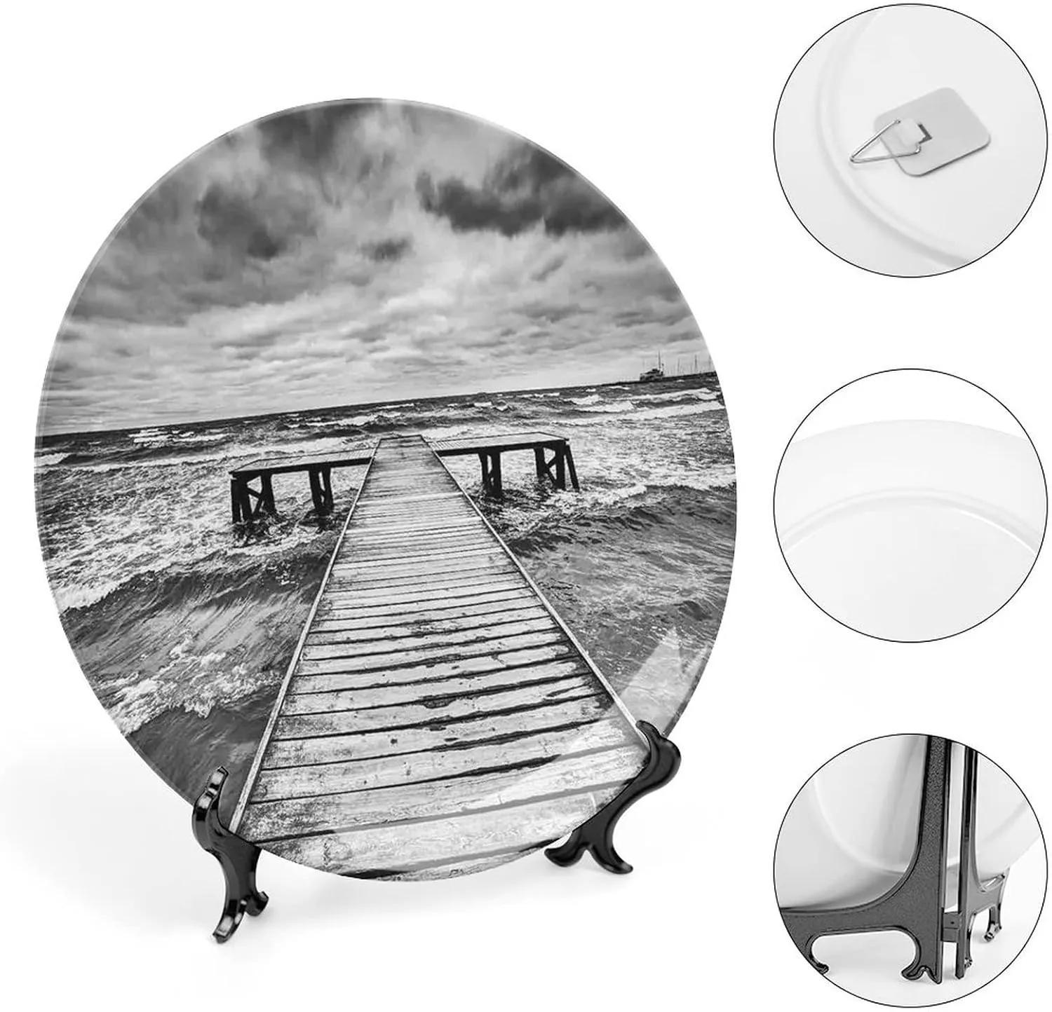 XISUNYA 6 Inch Decorative Plate, Art Ceramic Plate, Old Wooden Deck with Waves in Sea Dark Heavy Clouds Print Ceramic Wall Hanging for Home & Office Wall Hanging Decor, Black White