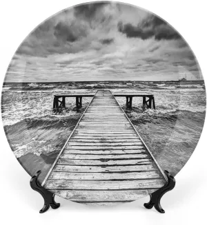 XISUNYA 6 Inch Decorative Plate, Art Ceramic Plate, Old Wooden Deck with Waves in Sea Dark Heavy Clouds Print Ceramic Wall Hanging for Home & Office Wall Hanging Decor, Black White