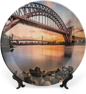 XISUNYA 6 Inch Decorative Plate, New York Round Porcelain, Sunset Evening Triboro Bridge Astoria Queens Print Ceramic Wall Hanging Decor Accessory for Dining Table Tabletop Home Decor, Brown Blue