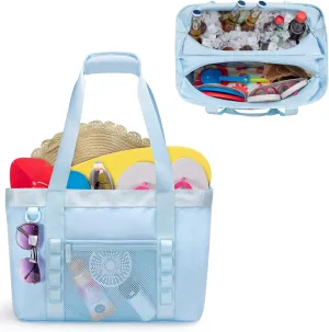 Yarwo Large Beach Bag with Cooler Section, XL Beach Vacation Tote Bag with Wet Dry Pockets and Luggage Strap for Swim, Pool