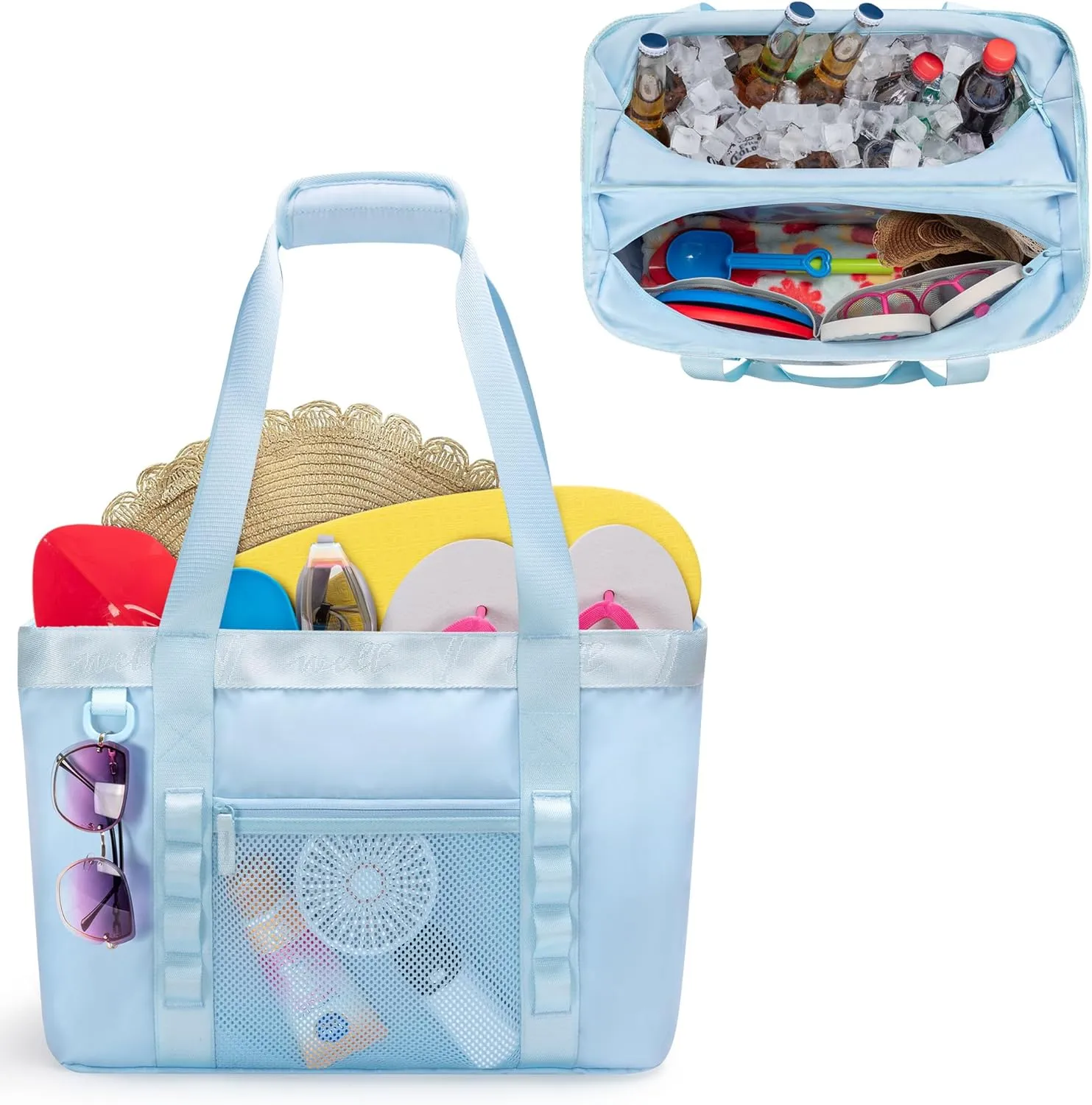 Yarwo Large Beach Bag with Cooler Section, XL Beach Vacation Tote Bag with Wet Dry Pockets and Luggage Strap for Swim, Pool