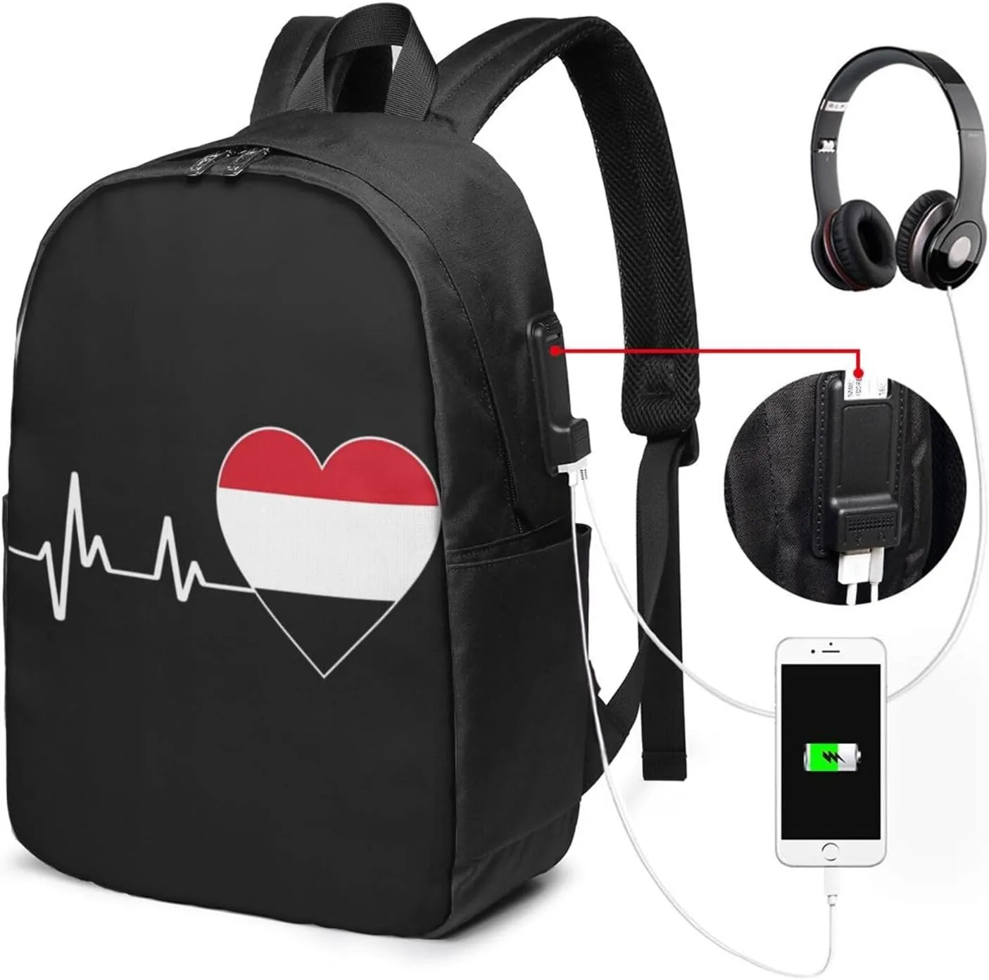 Yemen Yemeni Yemenian Flag Hearts Beats Laptop Backpacks Travel Backpack Casual Business Daypack Sport Rucksack Computer Bag Fits up to 17 Inch Notebook with USB Port