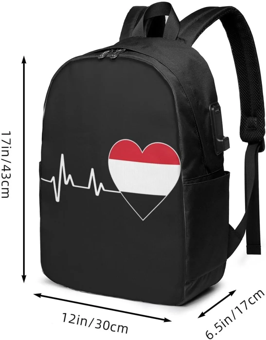 Yemen Yemeni Yemenian Flag Hearts Beats Laptop Backpacks Travel Backpack Casual Business Daypack Sport Rucksack Computer Bag Fits up to 17 Inch Notebook with USB Port