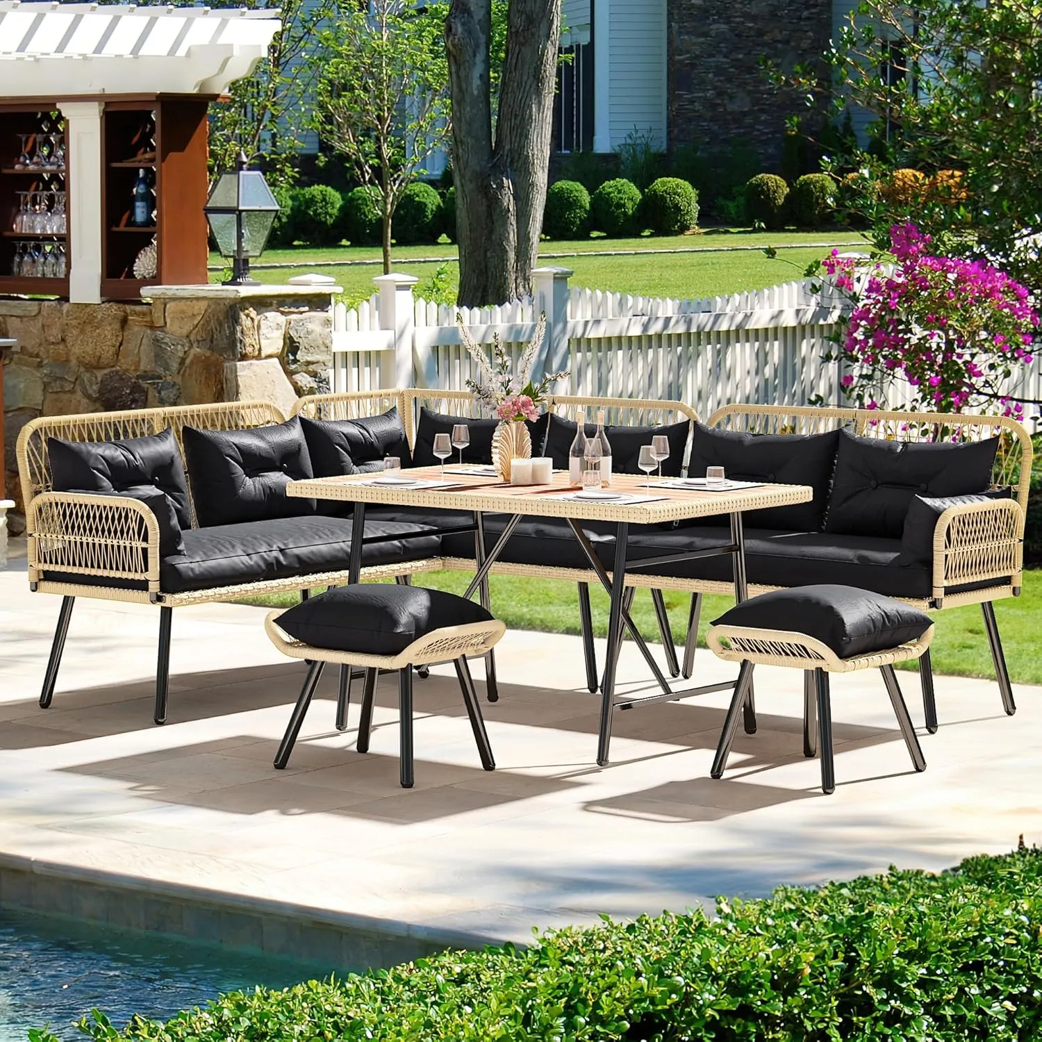 YITAHOME Patio Wicker L-Shaped Furniture Set, All-Weather Rattan Outdoor Conversation Sofa Set for Backyard Deck with Soft Cushions,Ottomans and Plastic Wood Dining Table (Light Brown Black)