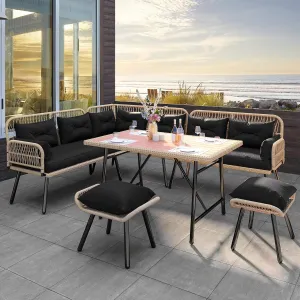 YITAHOME Patio Wicker L-Shaped Furniture Set, All-Weather Rattan Outdoor Conversation Sofa Set for Backyard Deck with Soft Cushions,Ottomans and Plastic Wood Dining Table (Light Brown Black)