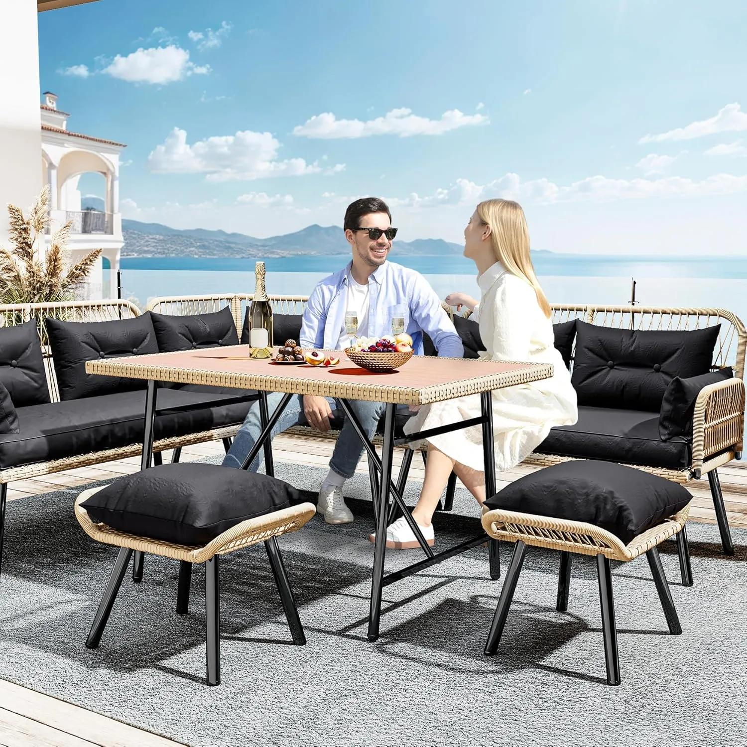 YITAHOME Patio Wicker L-Shaped Furniture Set, All-Weather Rattan Outdoor Conversation Sofa Set for Backyard Deck with Soft Cushions,Ottomans and Plastic Wood Dining Table (Light Brown Black)