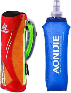 YOUGLE Running Handheld Water Bottle with 500ml Handheld Soft Flask Hand Strap Hydration Pack Grip Free for Runners Hiking, Skiing and Outdoor (Orange)