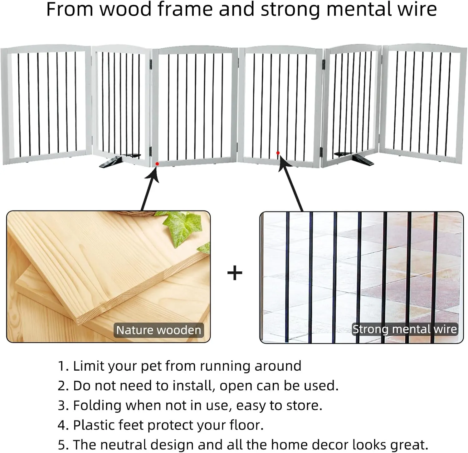 ZJSF Freestanding Panel Dog Gate for Indoor, Doorways,Stairs, or Hallways,Foldable Wooden White Pet Gates for House,Pet Gate for Dogs,Dog Fence, Puppy Gate,Support Feet Included,32 "Height-6 Panels