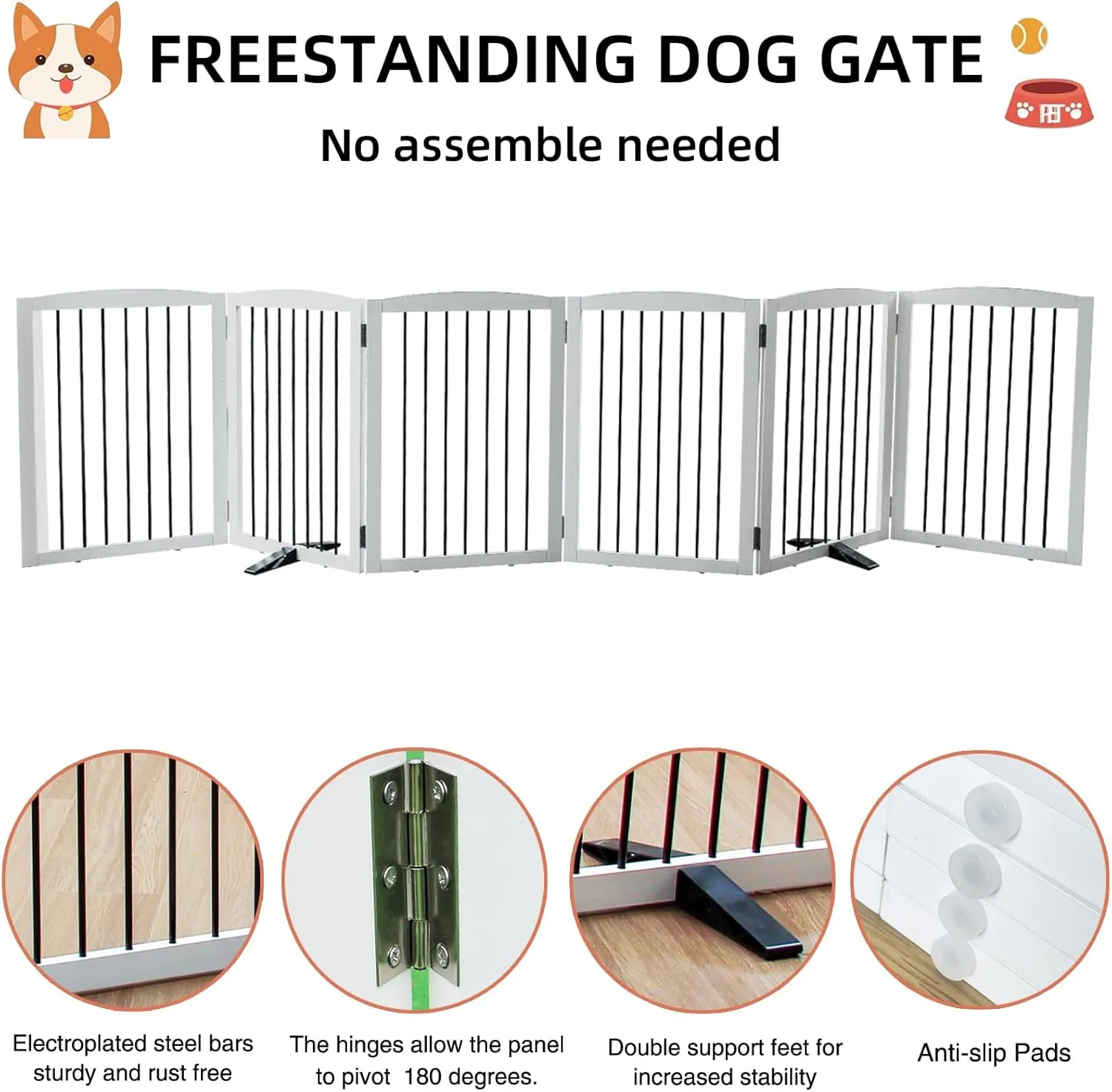 ZJSF Freestanding Panel Dog Gate for Indoor, Doorways,Stairs, or Hallways,Foldable Wooden White Pet Gates for House,Pet Gate for Dogs,Dog Fence, Puppy Gate,Support Feet Included,32 "Height-6 Panels