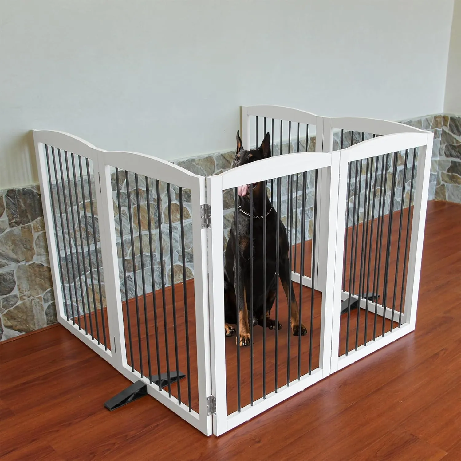 ZJSF Freestanding Panel Dog Gate for Indoor, Doorways,Stairs, or Hallways,Foldable Wooden White Pet Gates for House,Pet Gate for Dogs,Dog Fence, Puppy Gate,Support Feet Included,32 "Height-6 Panels